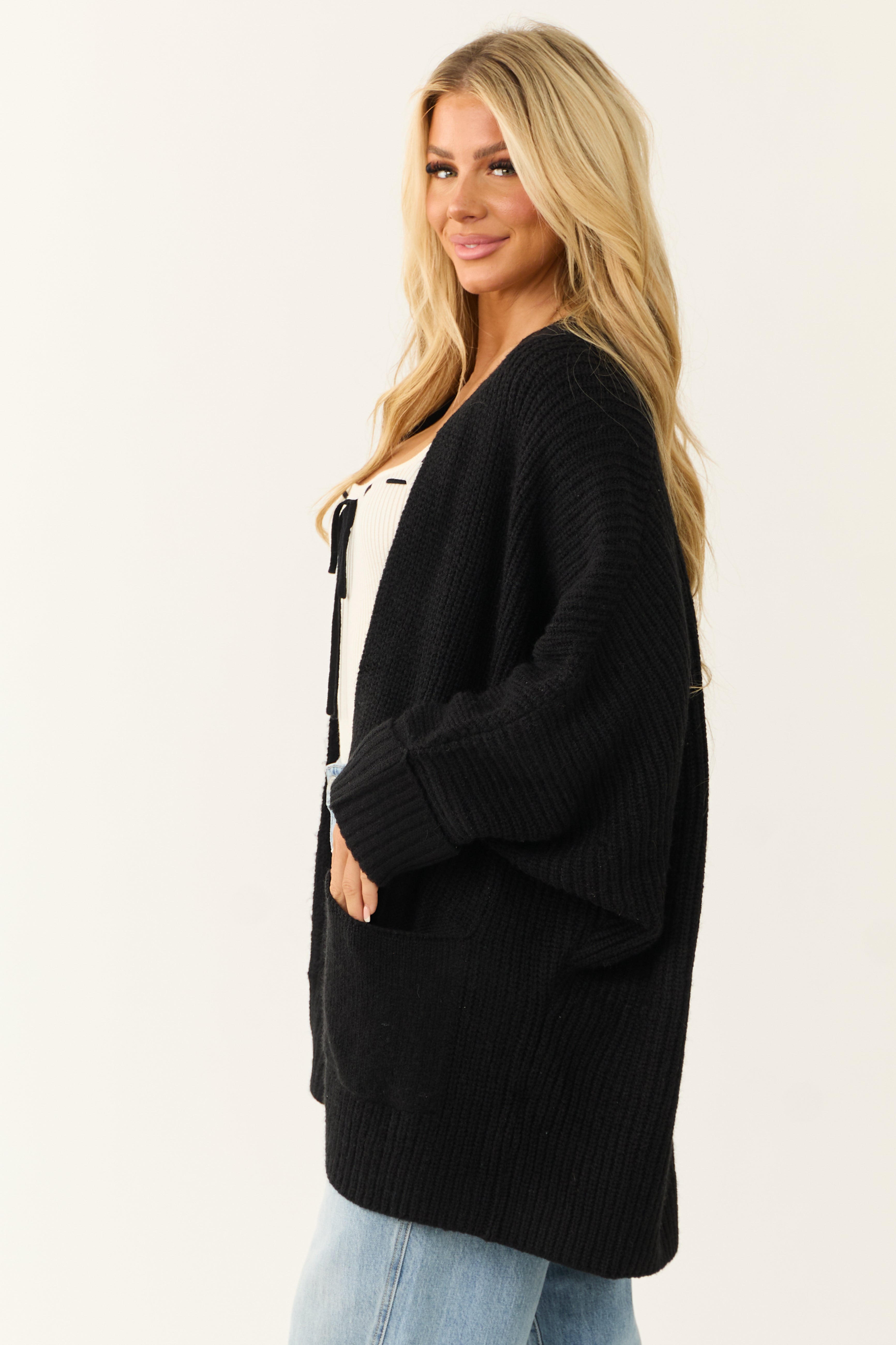 Dear Lover Black Oversized Knit Cardigan with Folded Sleeves Size S