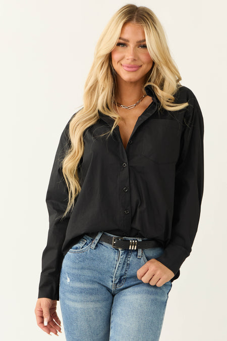 Black Oversized Long Sleeve Button Down Blouse