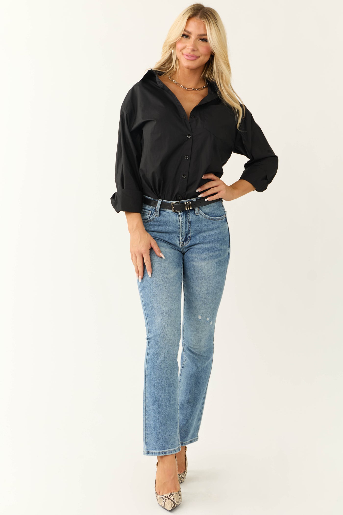 Black Oversized Long Sleeve Button Down Blouse