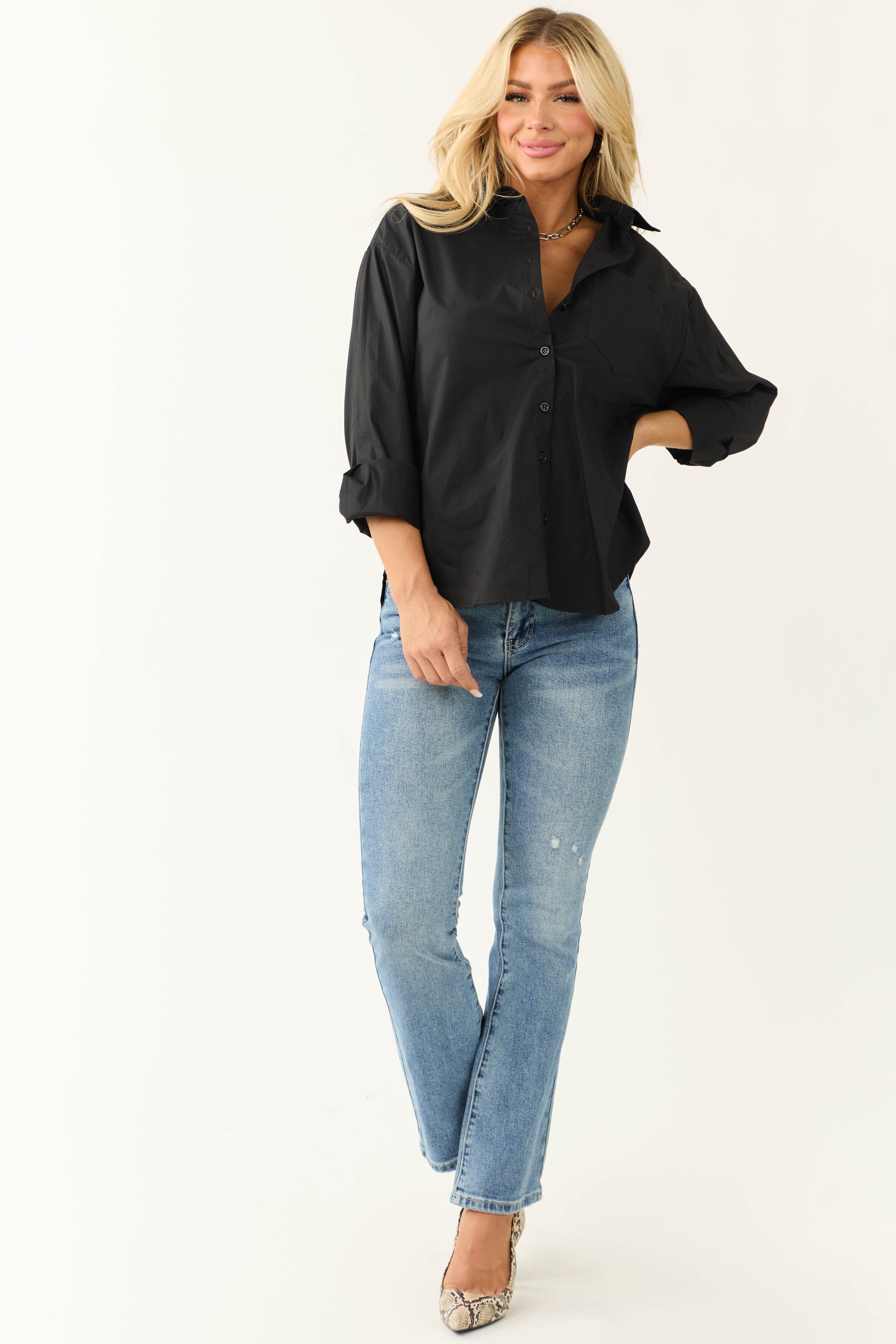 Black Oversized Long Sleeve Button Down Blouse