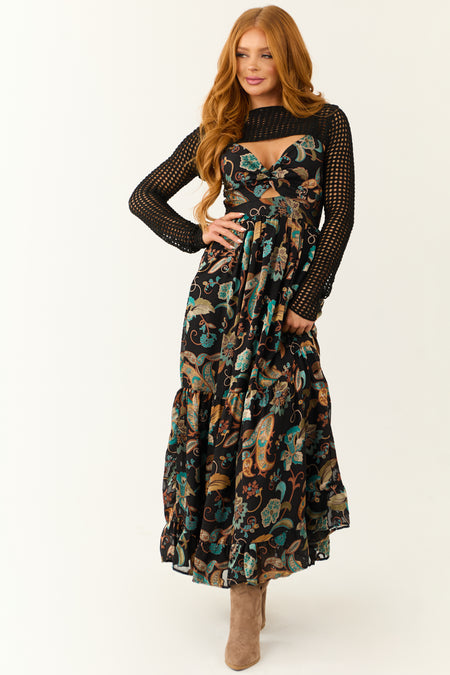 Black Paisley Pattern Cut Out Maxi Dress