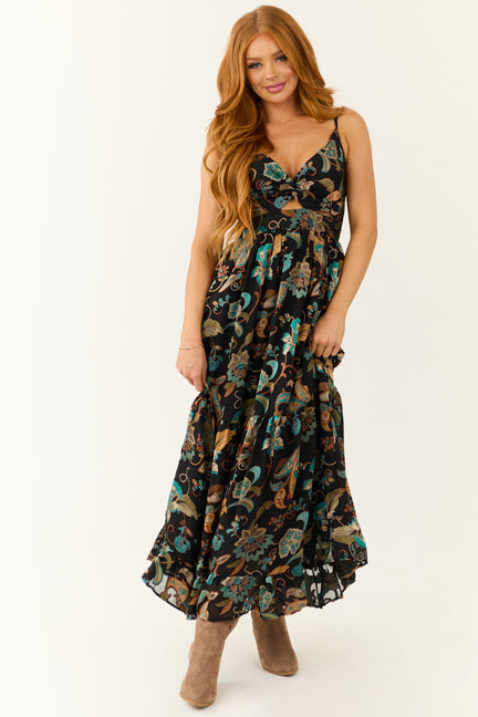 Black Paisley Pattern Cut Out Maxi Dress