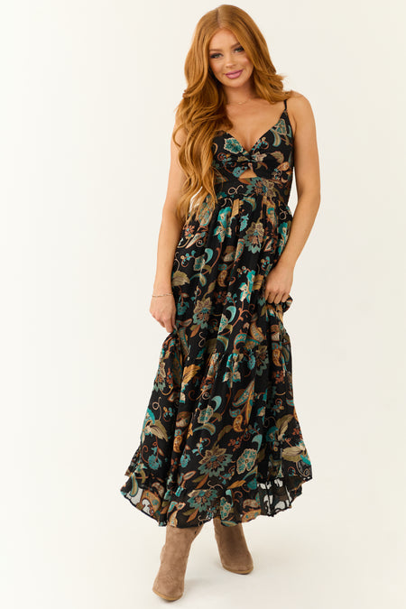 Black Paisley Pattern Cut Out Maxi Dress