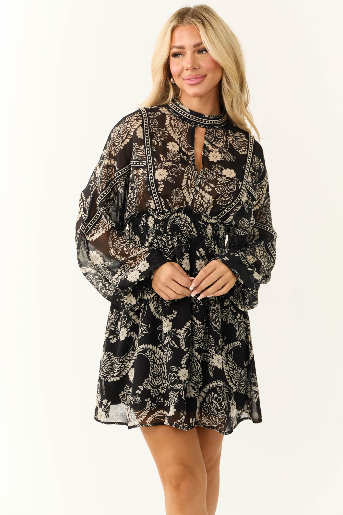 Black Paisley Print High Neck Short Dress