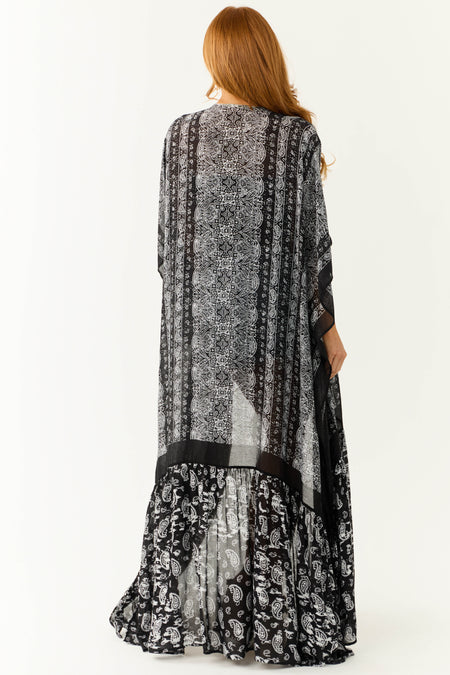 Black Paisley Print Ruffle 3/4 Sleeve Kimono