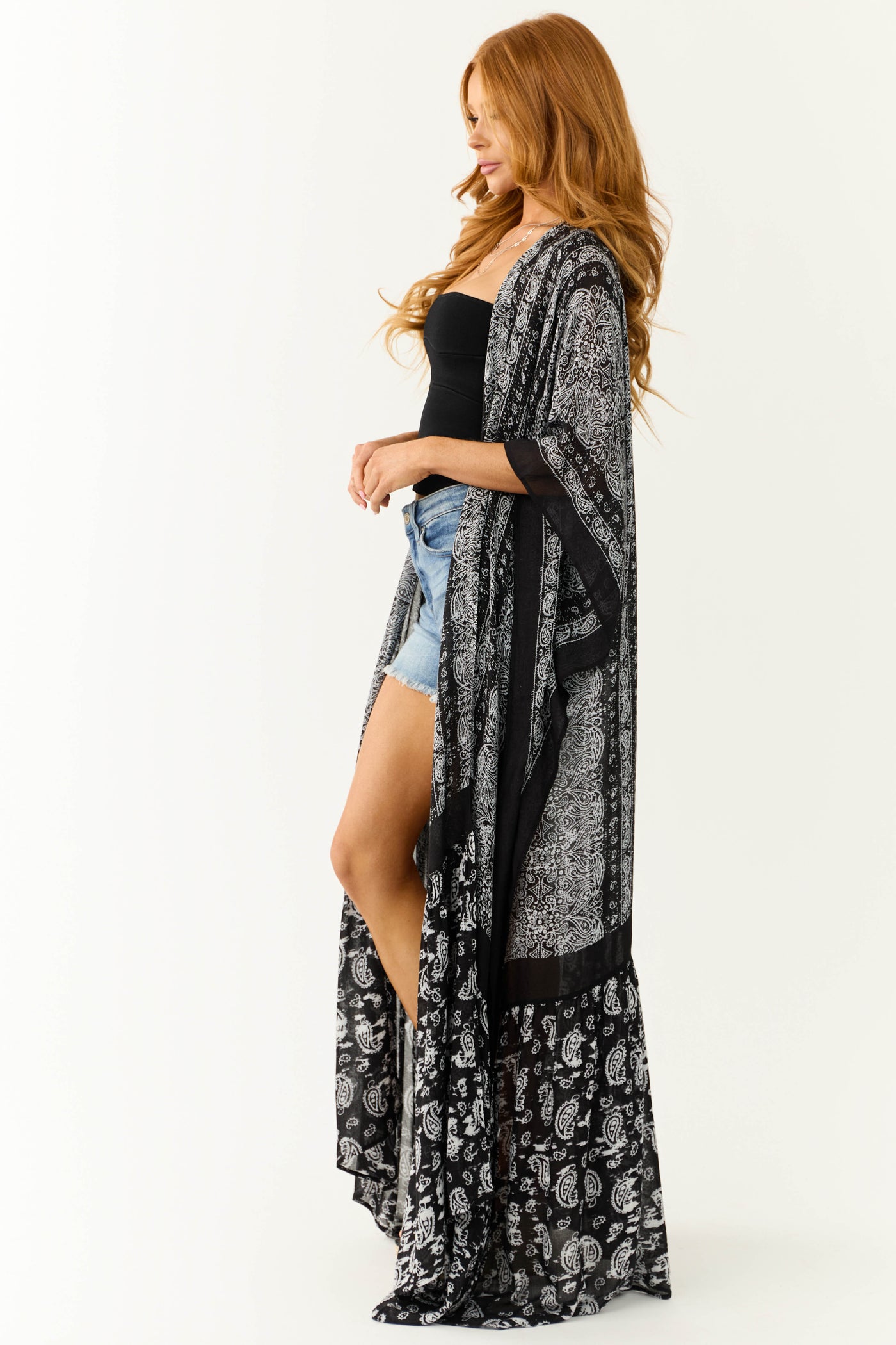 Black Paisley Print Ruffle 3/4 Sleeve Kimono