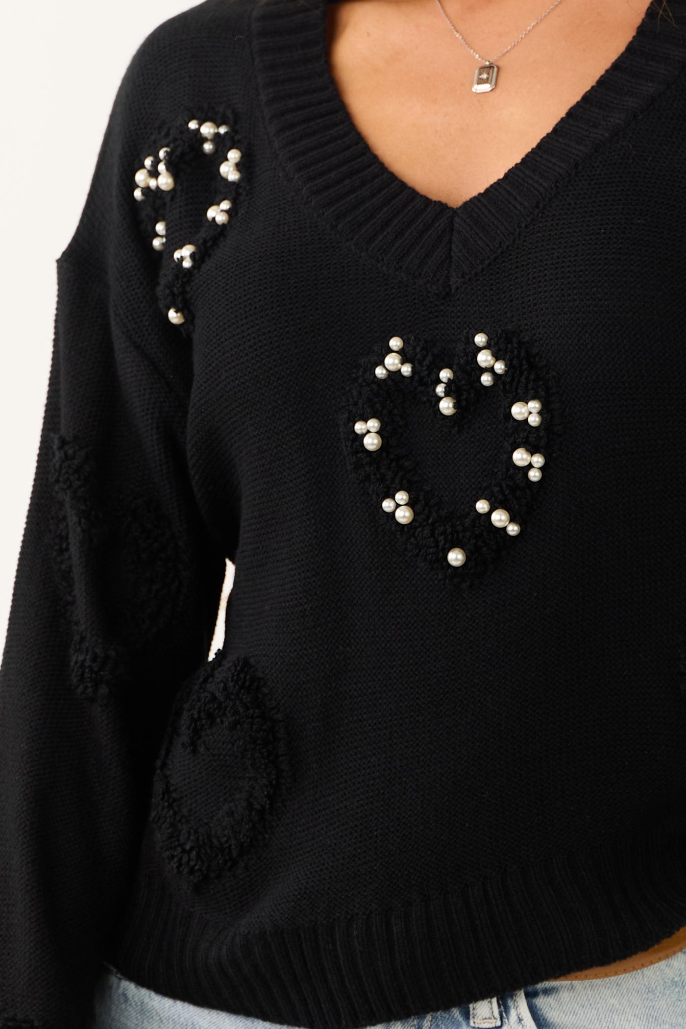 Black Pearl Detail Long Sleeve V Neck Sweater