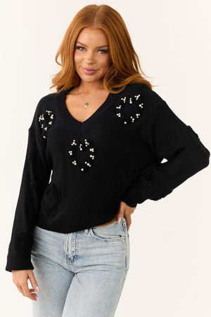 Black Pearl Detail Long Sleeve V Neck Sweater