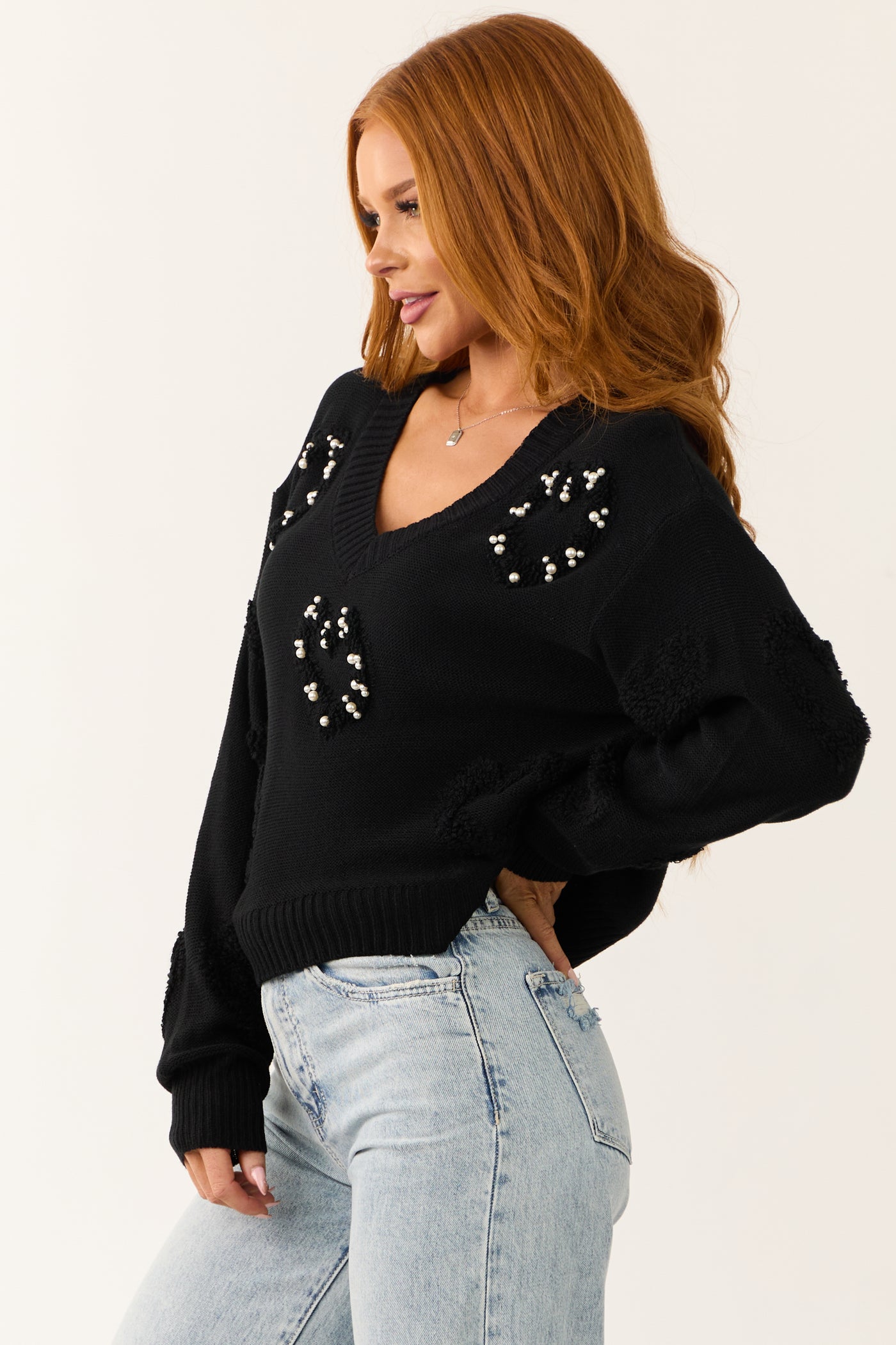 Black Pearl Detail Long Sleeve V Neck Sweater