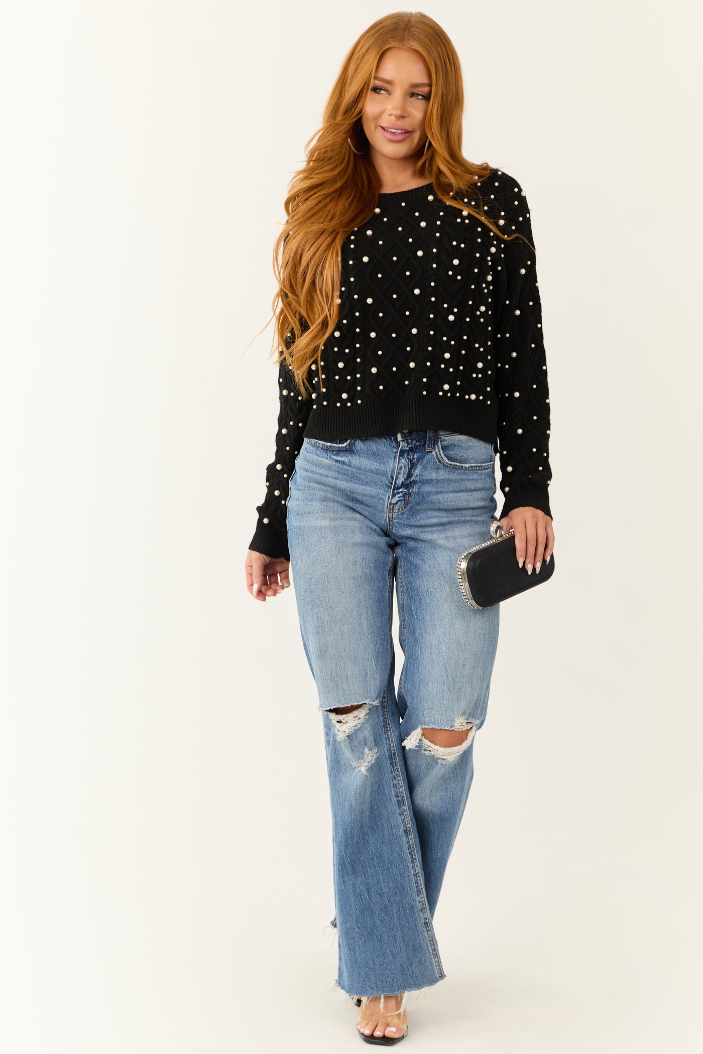 Black Pearl Embellished Knit Sweater