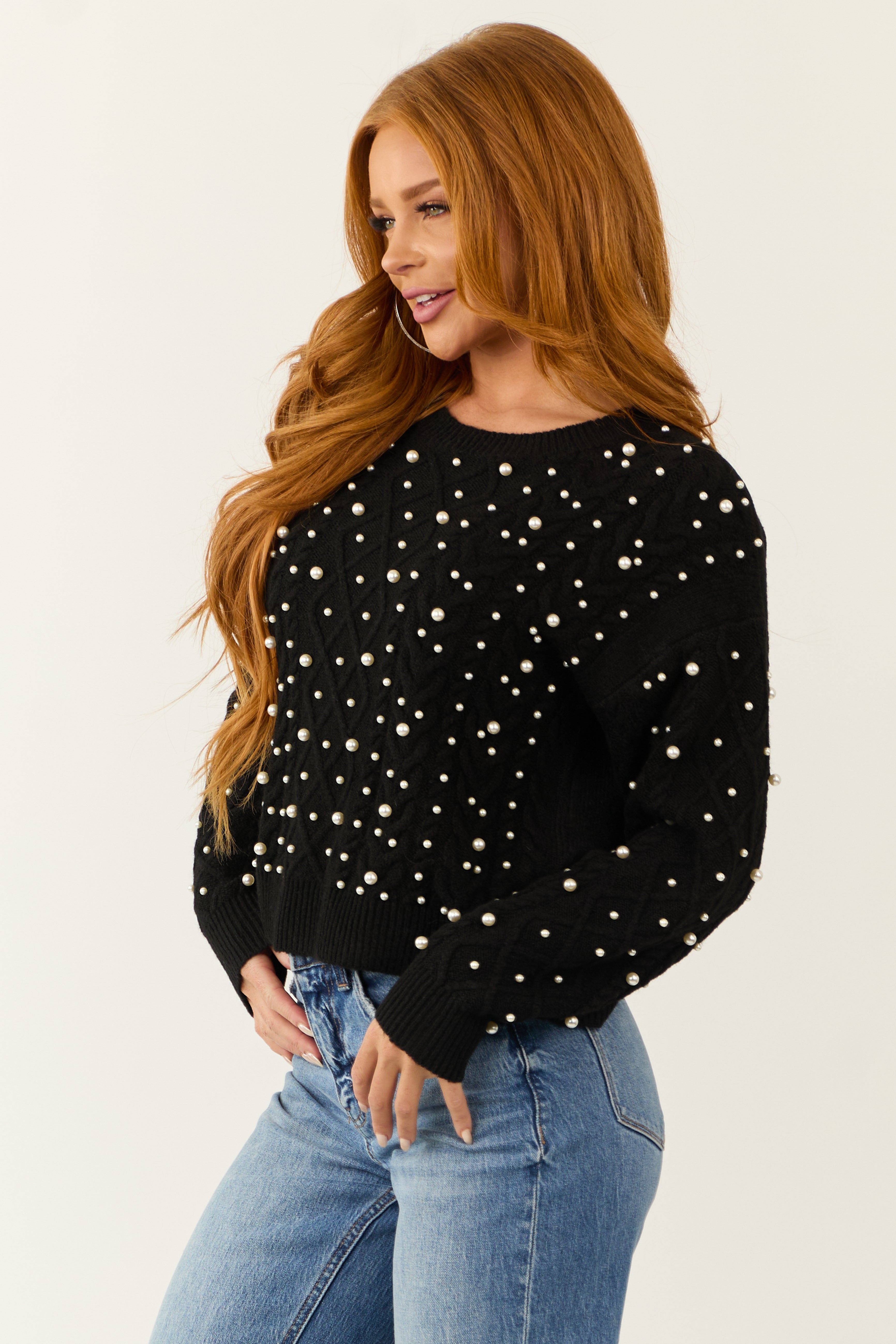 Black Pearl Embellished Knit Sweater