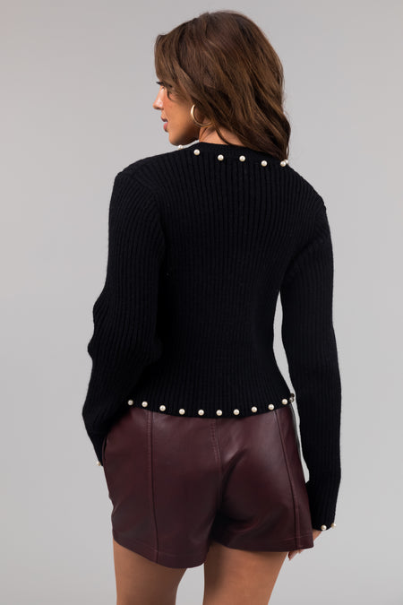 Black Pearl Trim Ribbed Knit Sweater