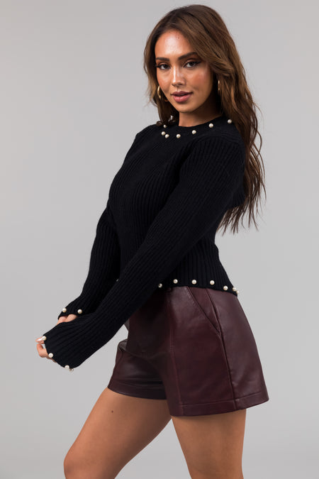 Black Pearl Trim Ribbed Knit Sweater