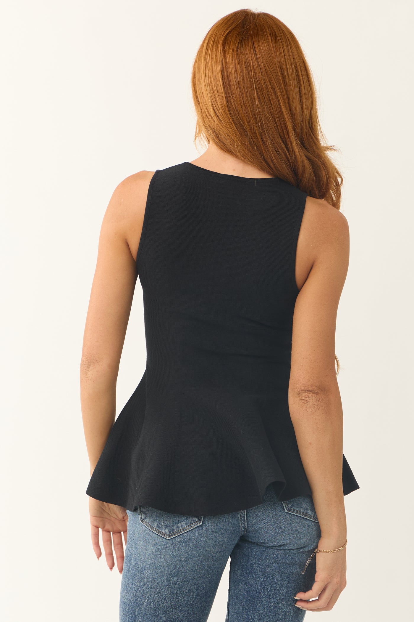 Black Peplum Ribbed Knit Tank Top