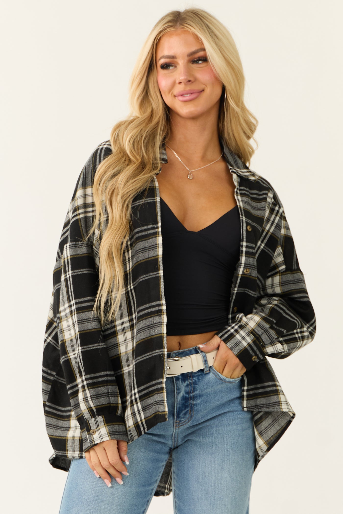 Black Plaid Button Down Long Sleeve Top