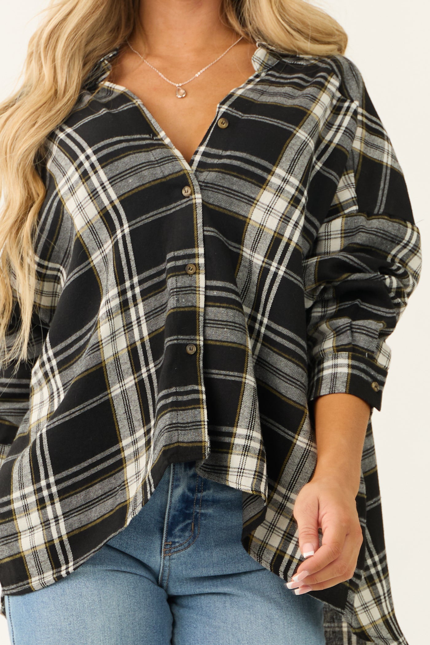 Black Plaid Button Down Long Sleeve Top