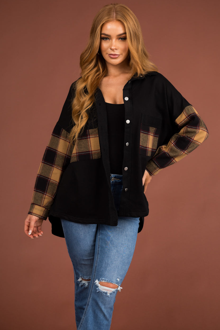 Black Plaid Contrast Chest Pocket Oversized Shacket