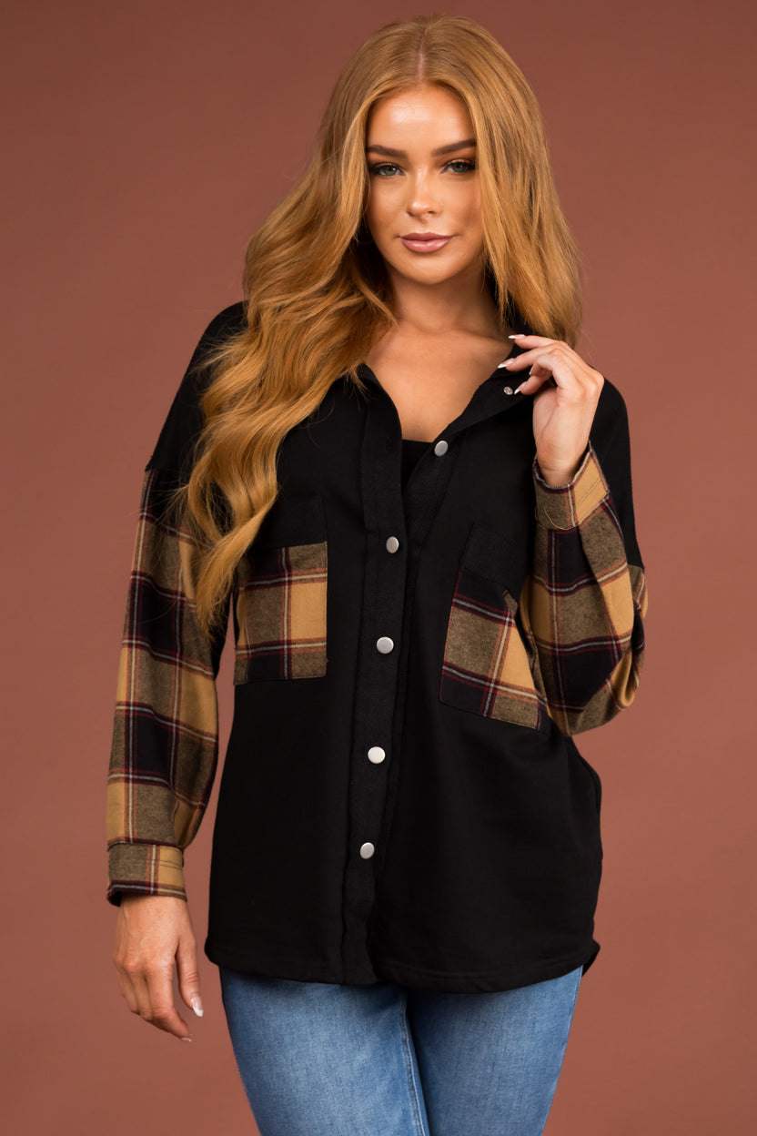 Black Plaid Contrast Chest Pocket Oversized Shacket