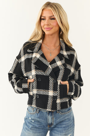 Black Plaid Double Breasted Button Up Jacket