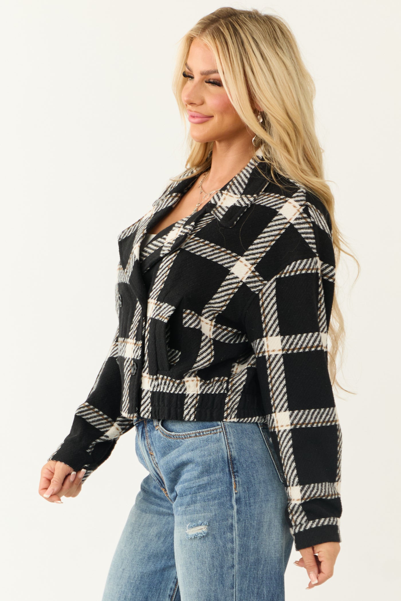 Black Plaid Double Breasted Button Up Jacket