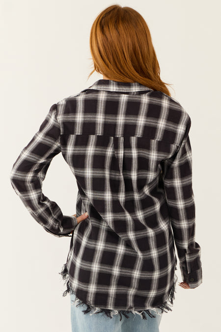 Black Plaid Frayed Hem Long Sleeve Shirt