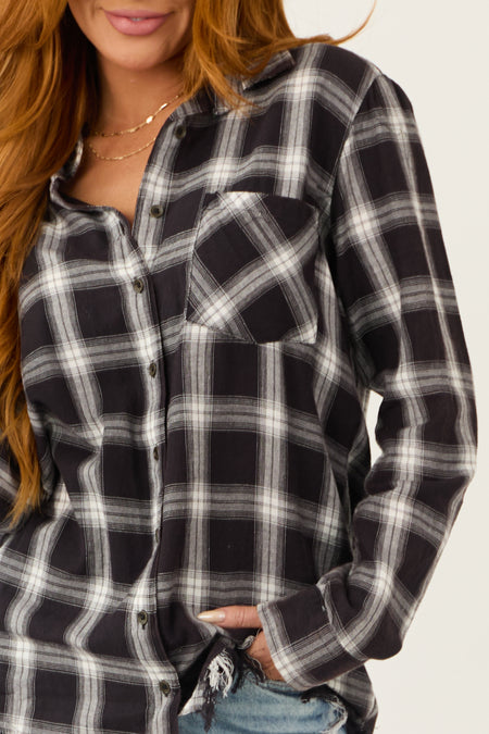 Black Plaid Frayed Hem Long Sleeve Shirt