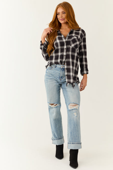 Black Plaid Frayed Hem Long Sleeve Shirt