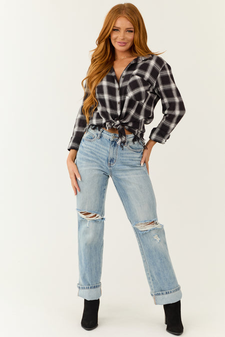 Black Plaid Frayed Hem Long Sleeve Shirt