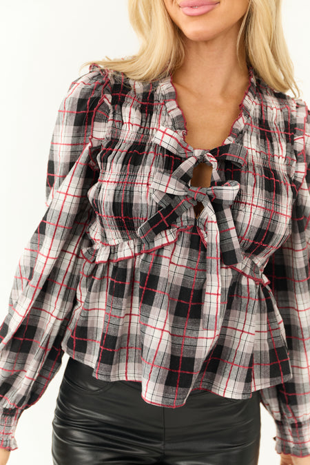 Black Plaid Front Bow Tie Long Sleeve Blouse