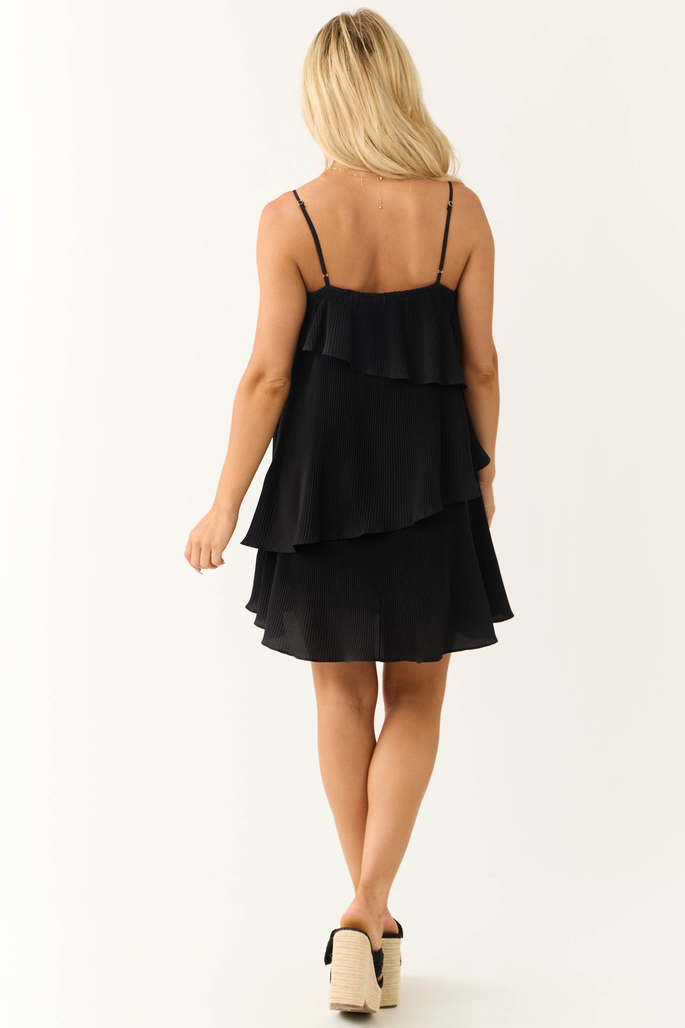 Black Pleated Asymmetrical Tiered Mini Dress