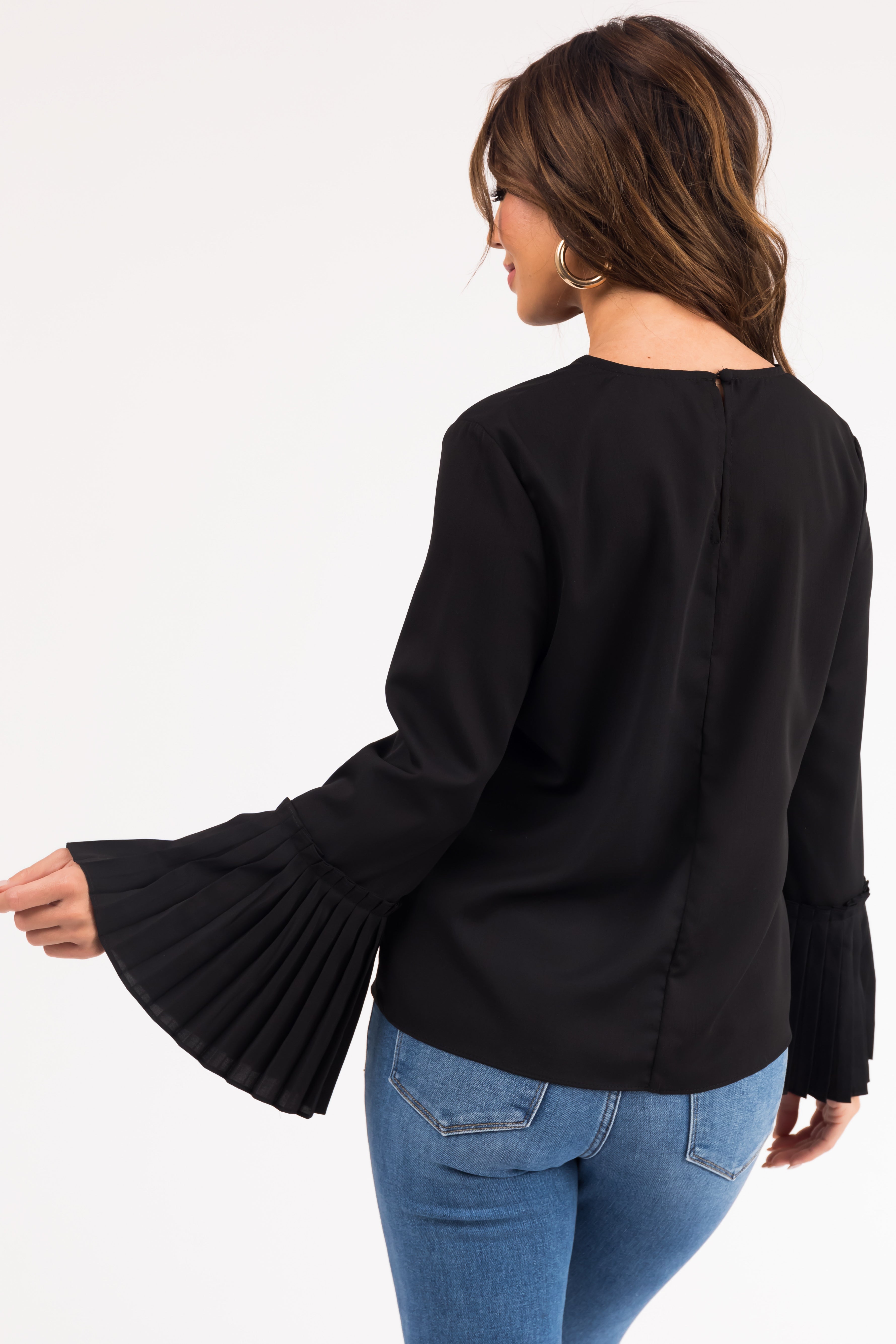 Black Pleated Bell Sleeve Blouse