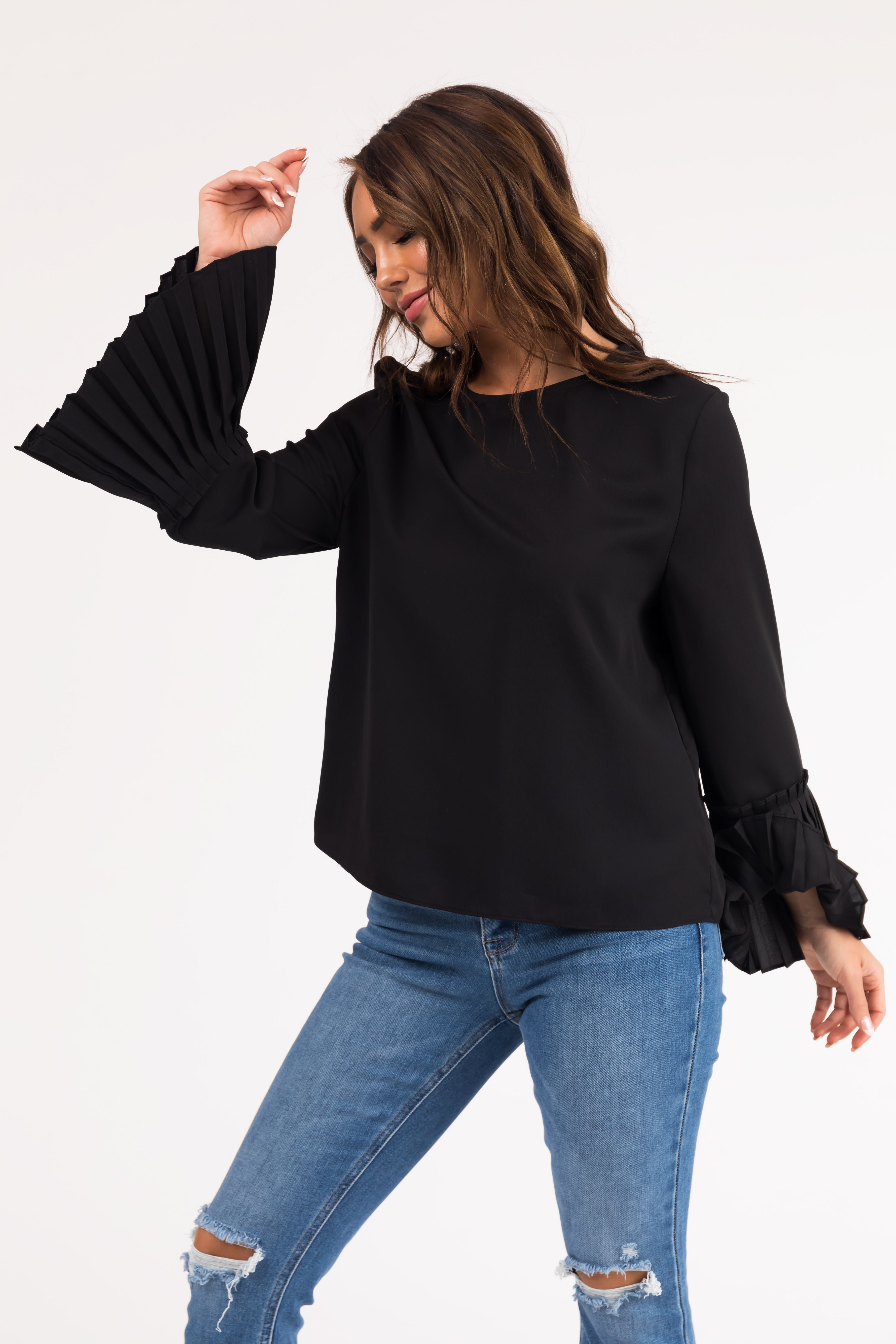 Black Pleated Bell Sleeve Blouse