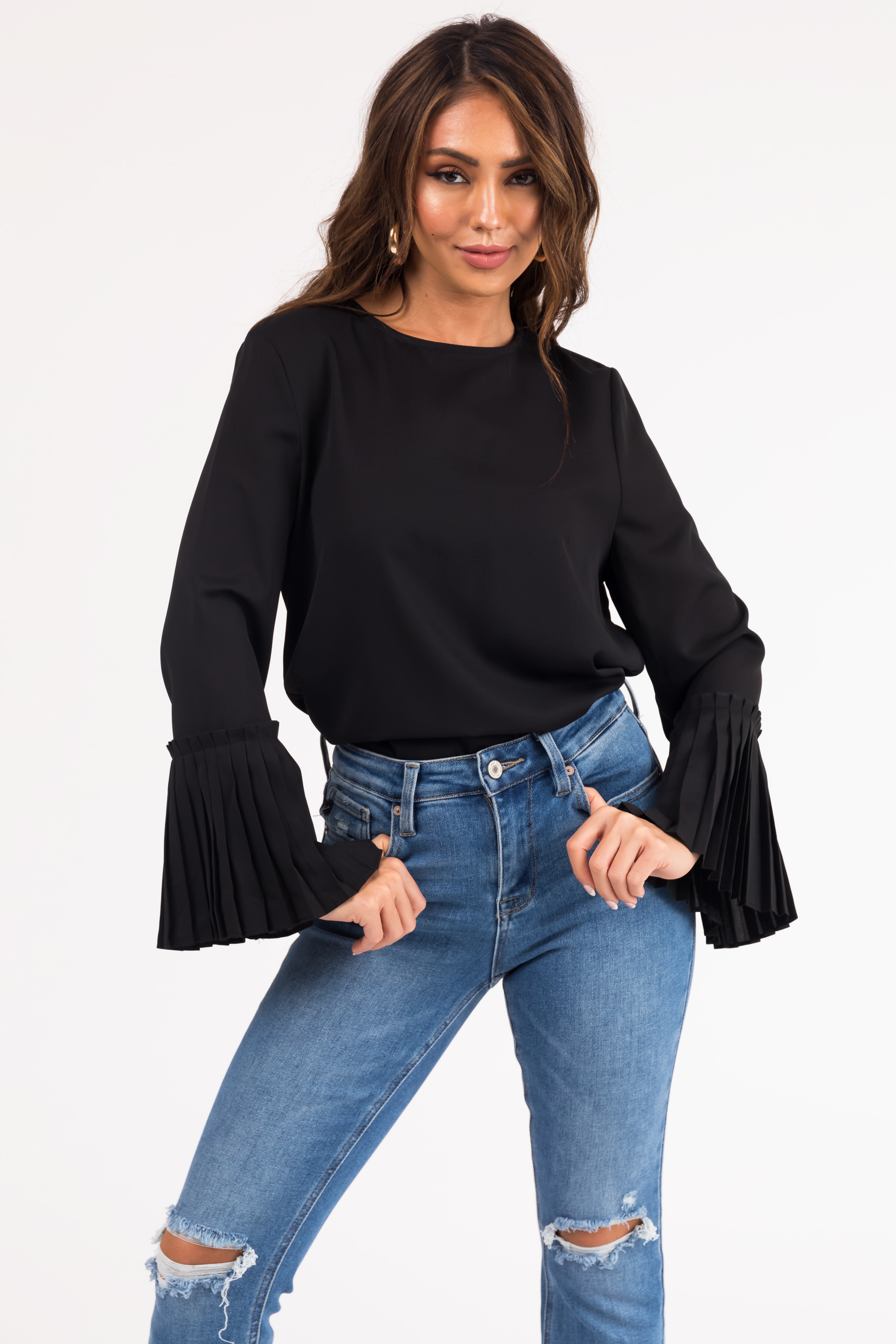 Black Pleated Bell Sleeve Blouse