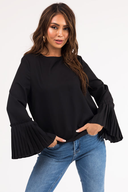 Black Pleated Bell Sleeve Blouse