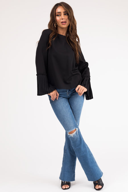 Black Pleated Bell Sleeve Blouse