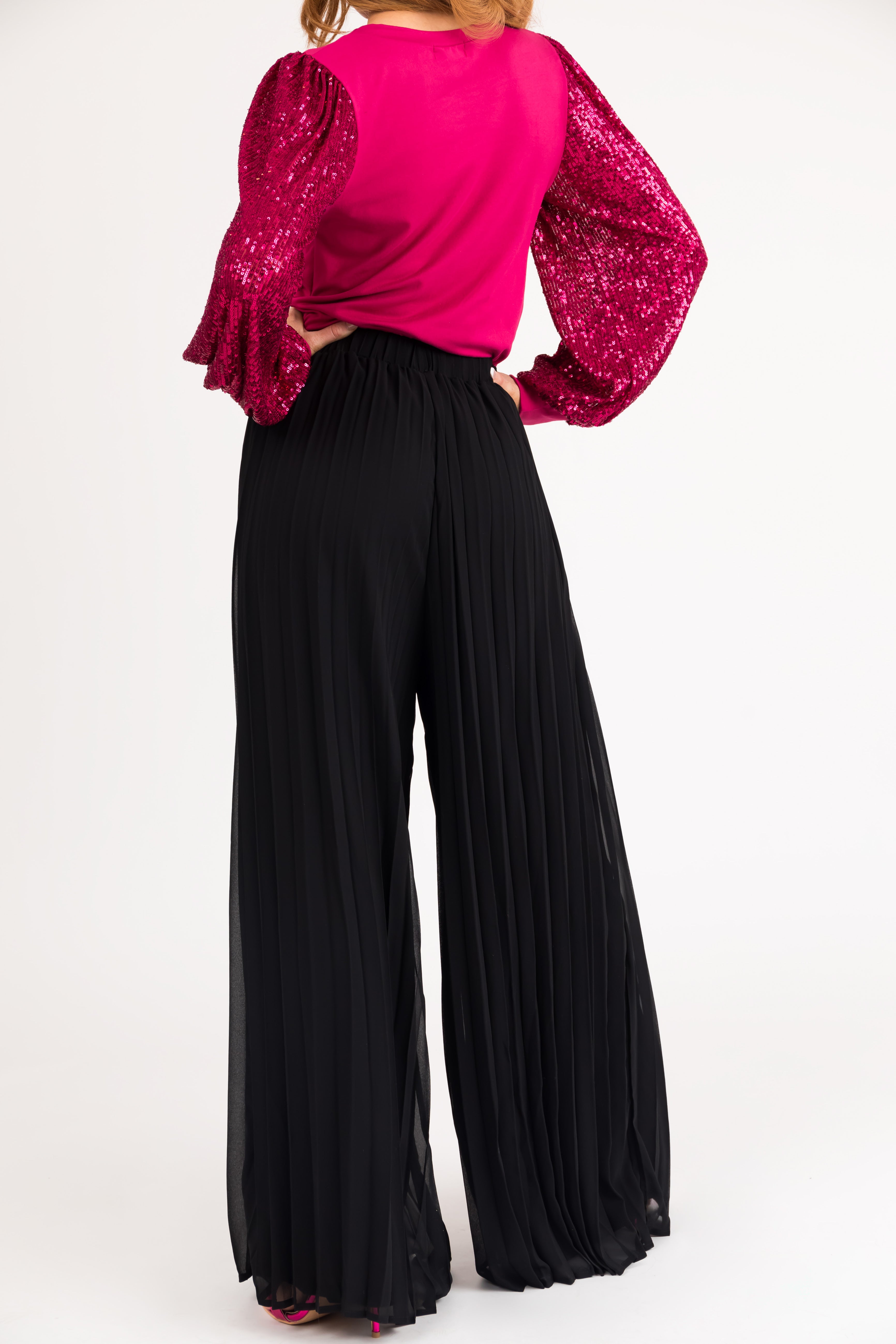 Black Pleated Chiffon High Rise Wide Leg Pants