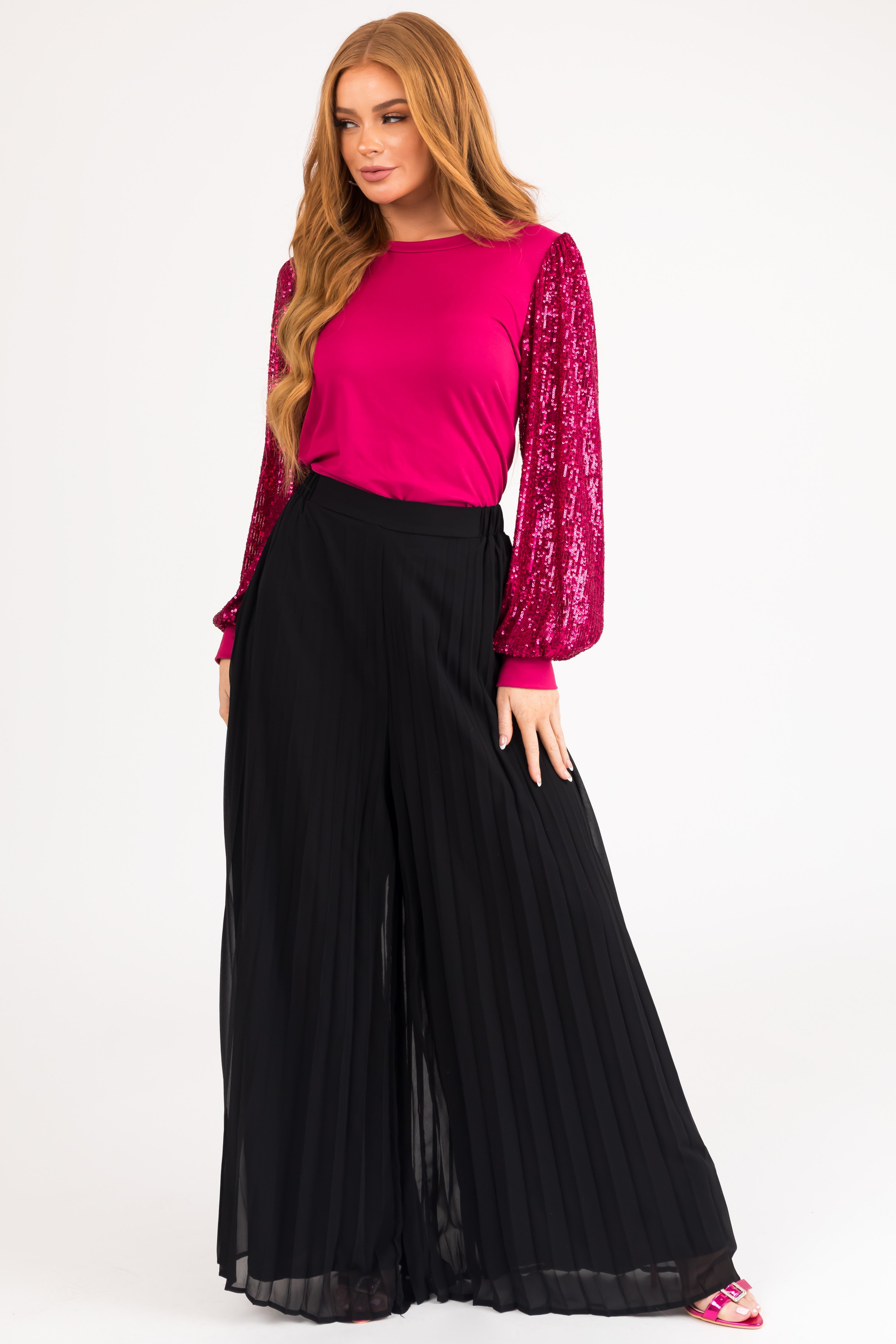 Black Pleated Chiffon High Rise Wide Leg Pants