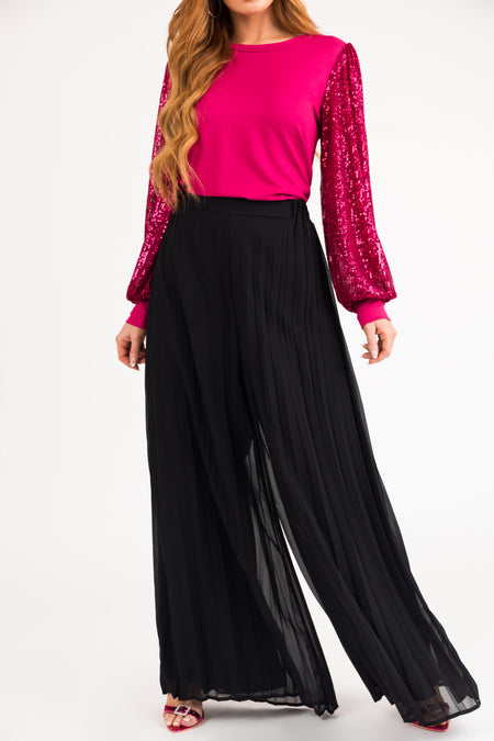 Black Pleated Chiffon High Rise Wide Leg Pants