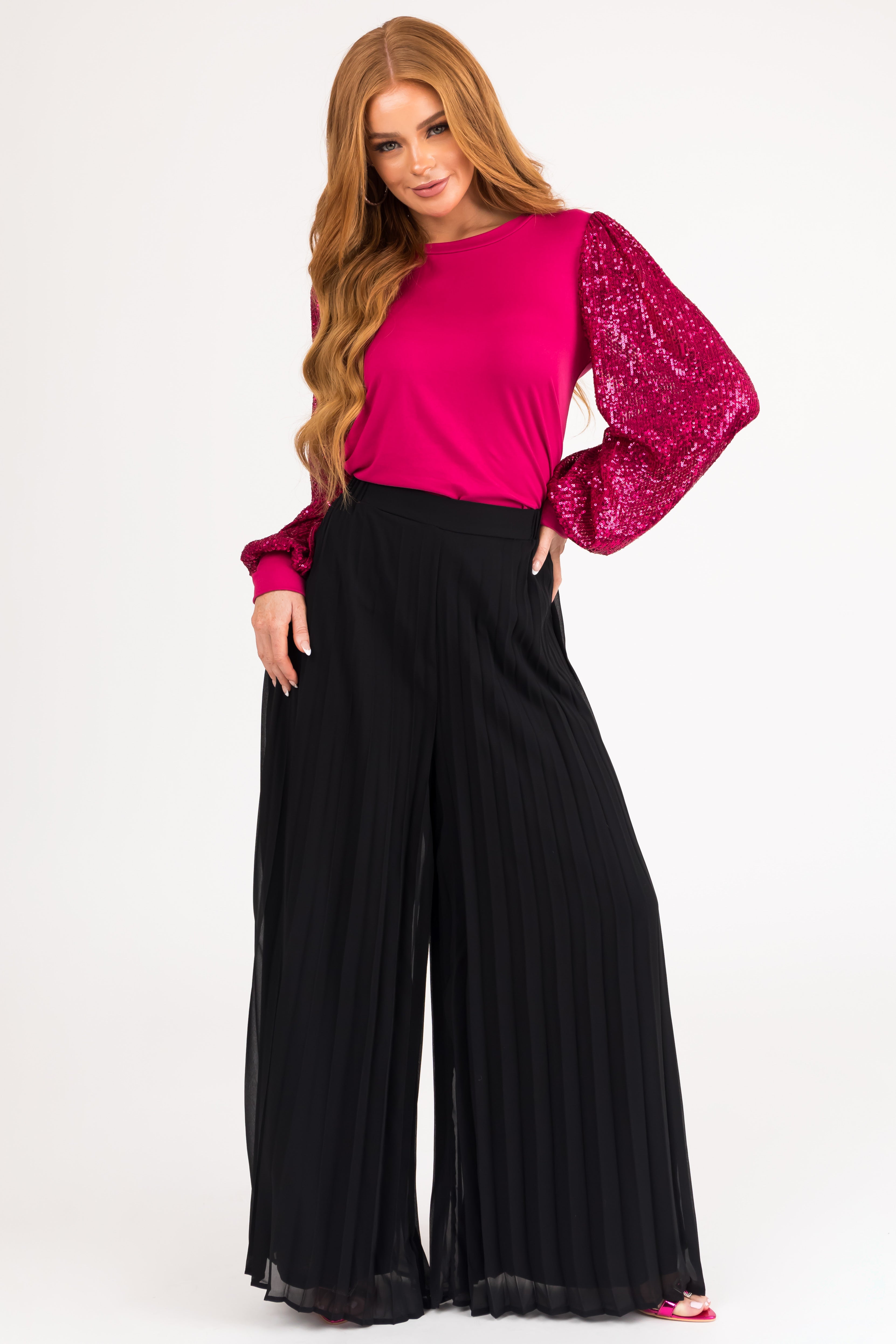 Black Pleated Chiffon High Rise Wide Leg Pants