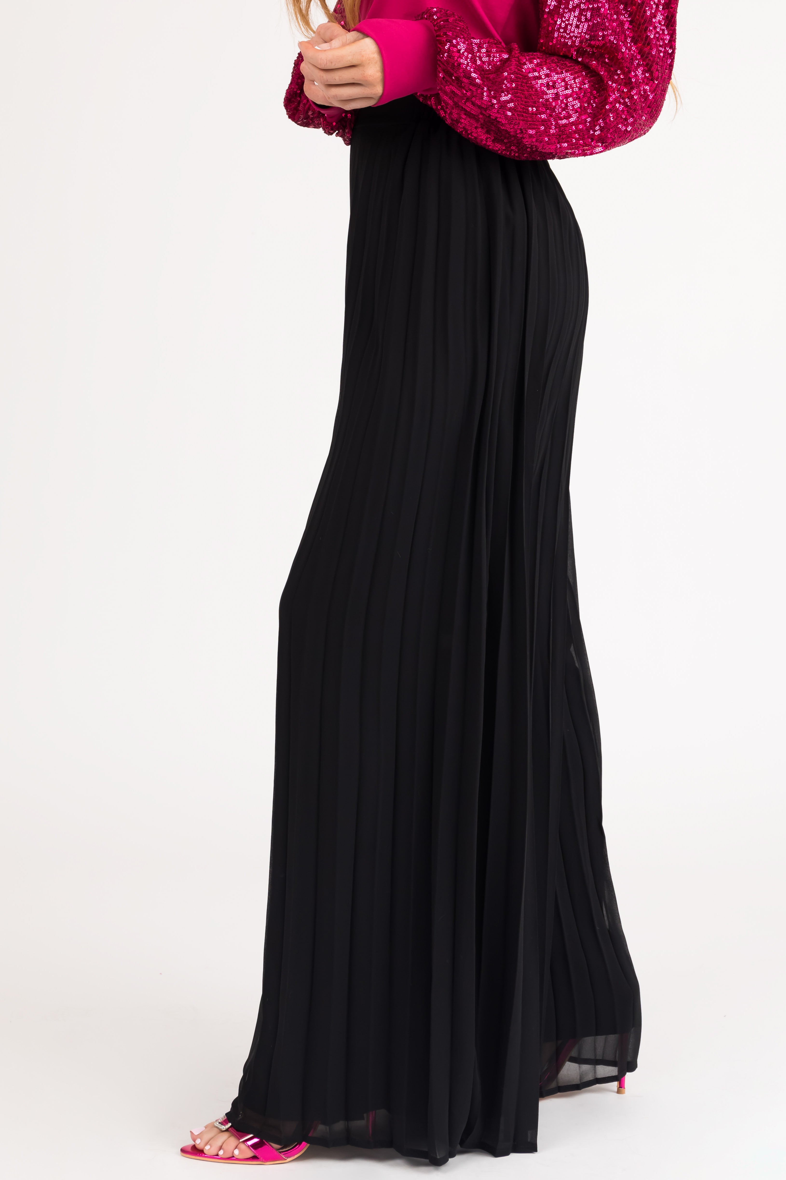 Black Pleated Chiffon High Rise Wide Leg Pants