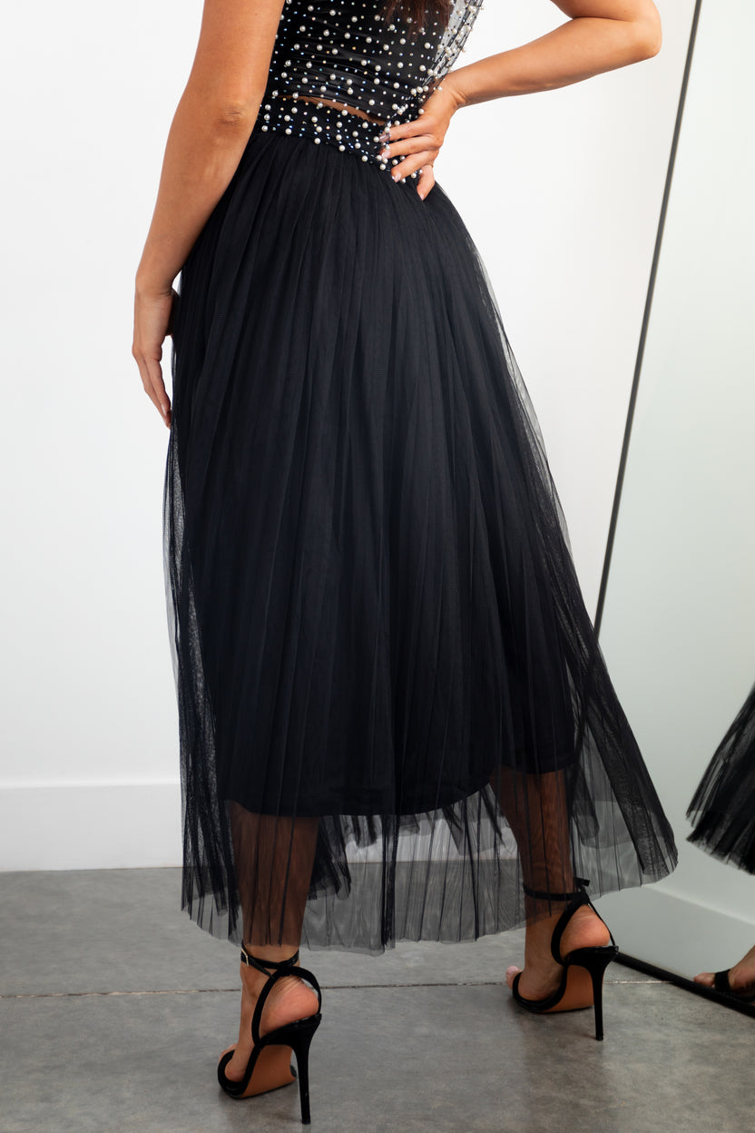 Black Pleated Mesh Midi Skirt