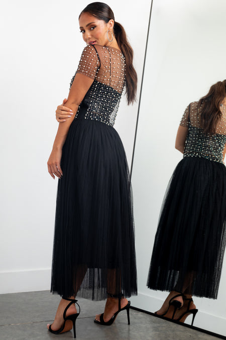 Black Pleated Mesh Midi Skirt