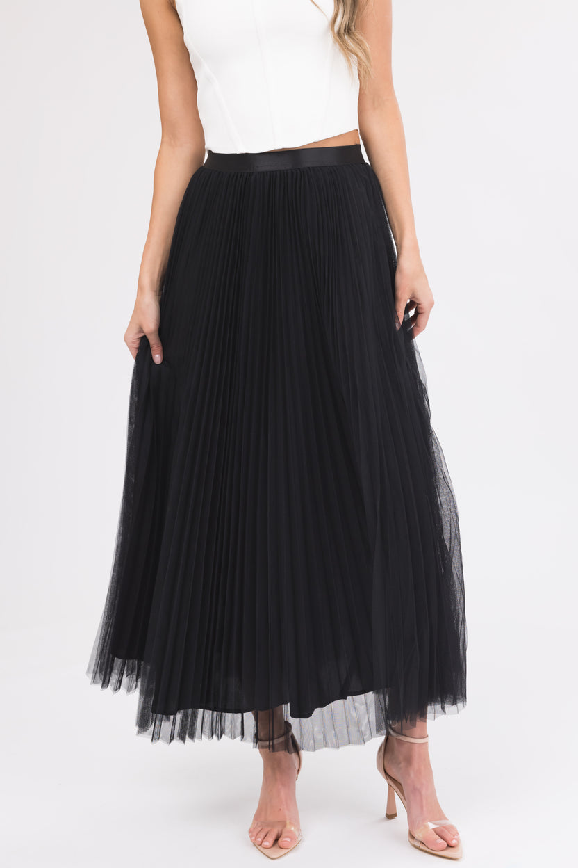 Black Pleated Tulle Elastic Waist Midi Skirt