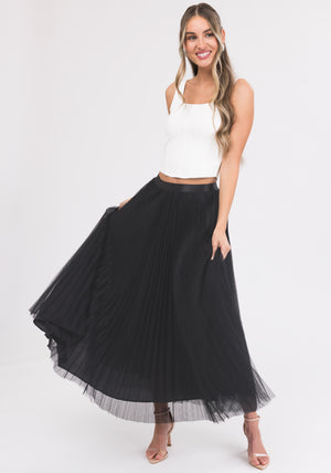 Black Pleated Tulle Elastic Waist Midi Skirt