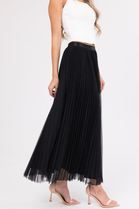 Black Pleated Tulle Elastic Waist Midi Skirt