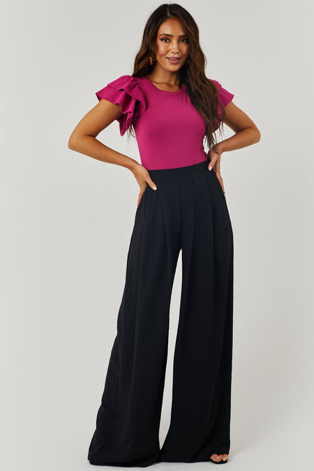 Black Pleated Wide Leg Flowy Elastic Waist Pants