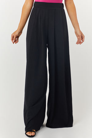 Black Pleated Wide Leg Flowy Elastic Waist Pants