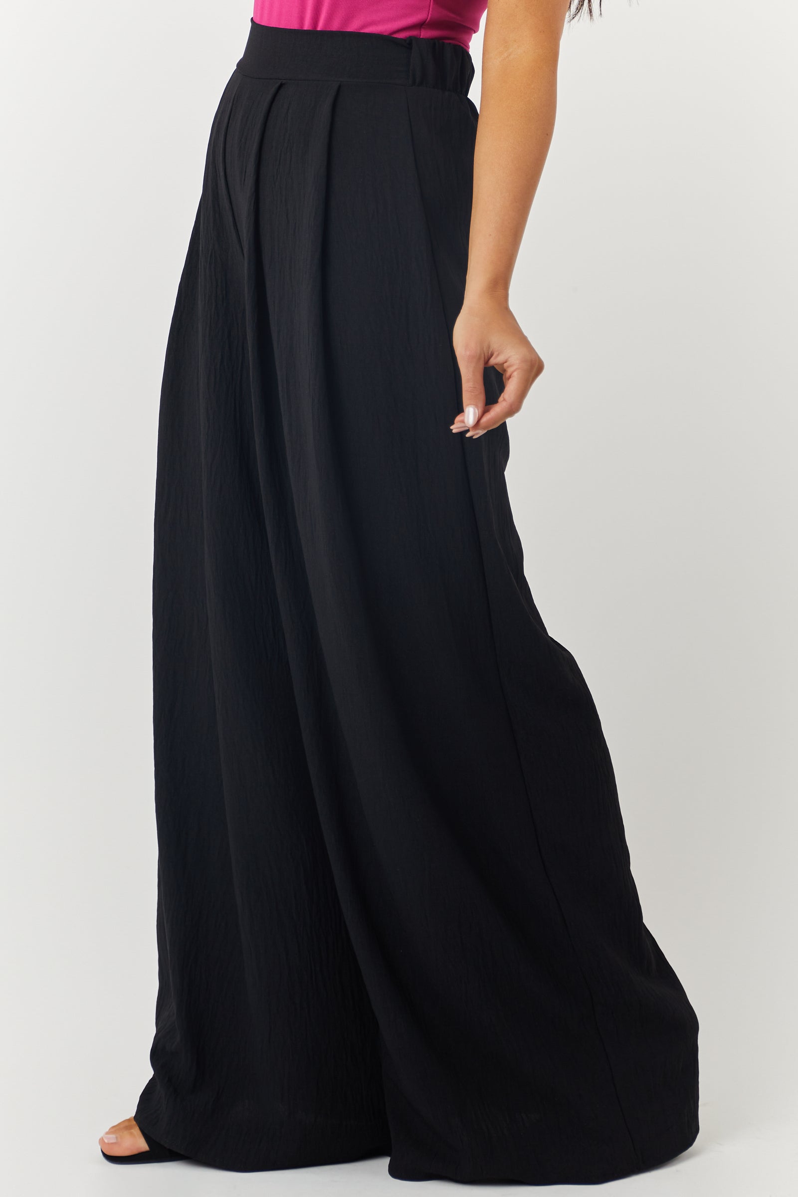 Black Pleated Wide Leg Flowy Elastic Waist Pants | Lime Lush