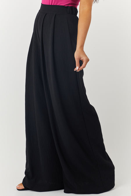 Black Pleated Wide Leg Flowy Elastic Waist Pants