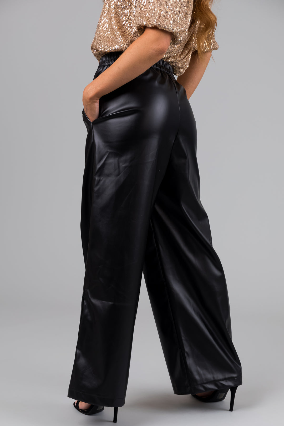 L Love Women's Black Pleather Elastic Waist Wide Leg Pants - Size M